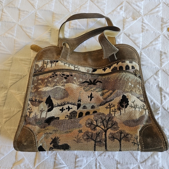 Vintage The French Company Suede Countryside Tapestry Luggage Handbag - Picture 4 of 13